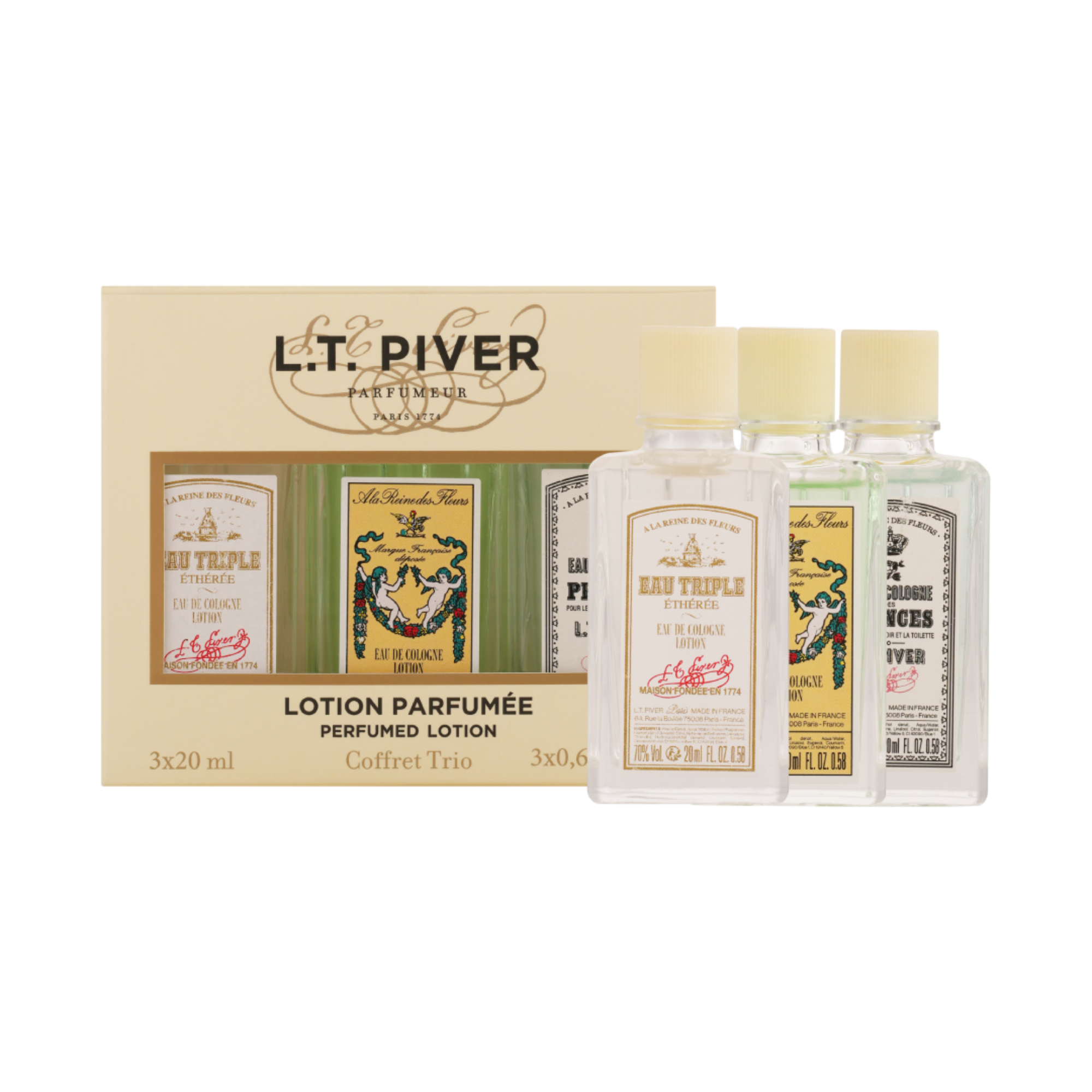 Coffret Trio Historique L.T. Piver avec 3 flacons d’eaux de Cologne historiques
